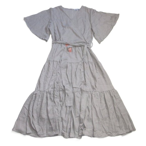 NWT Ivy City Co Haley Midi in Gray Faux Wrap Cotton Tiered Dress L